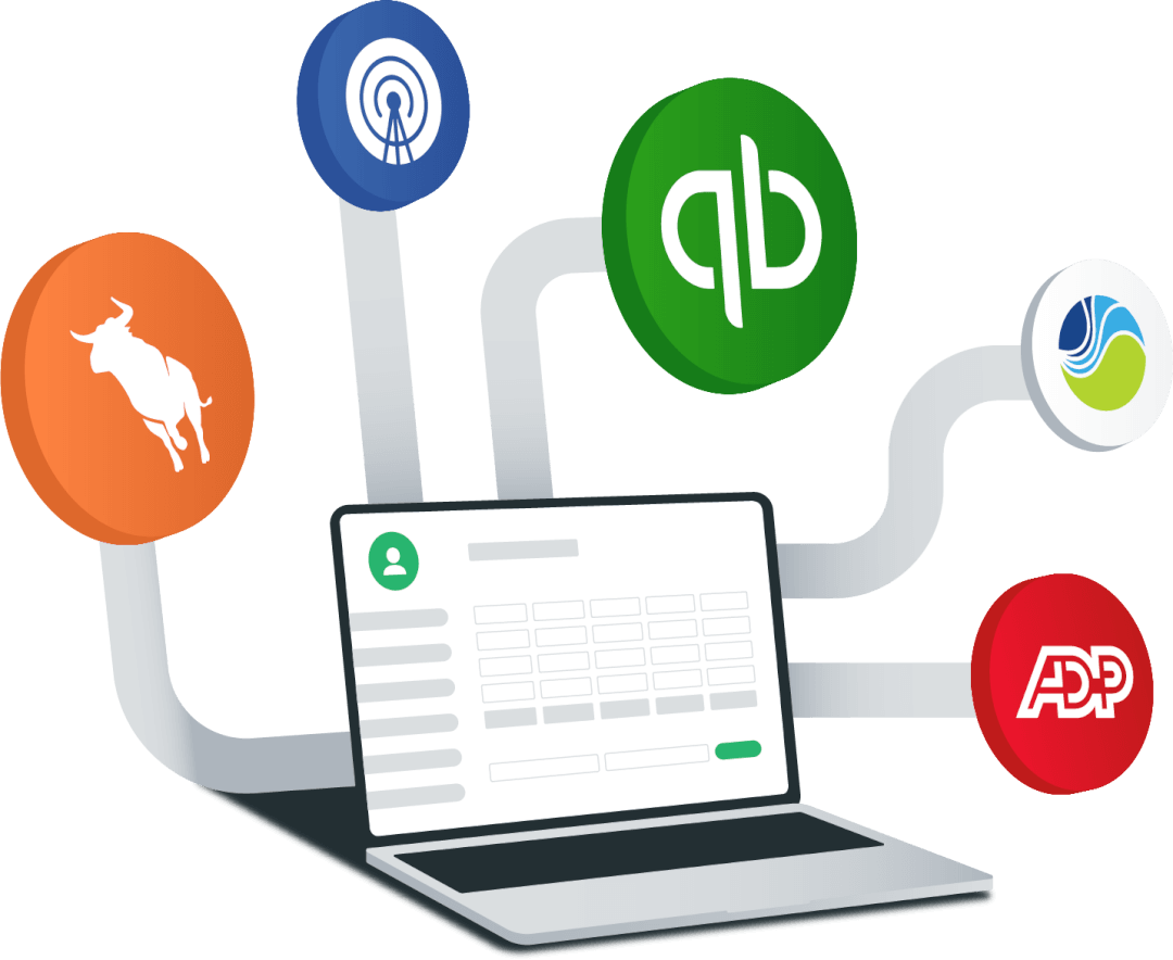 An illustration of Bilflo integrations like Bullhorn, Quickbooks, ADP, and SmartSearch