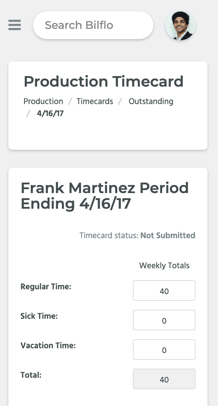 Bilflo production timecard on mobile device