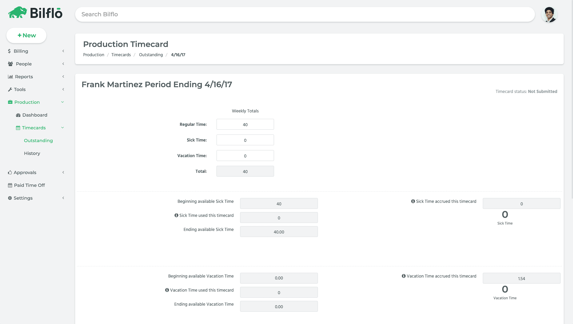 Bilflo production timecard