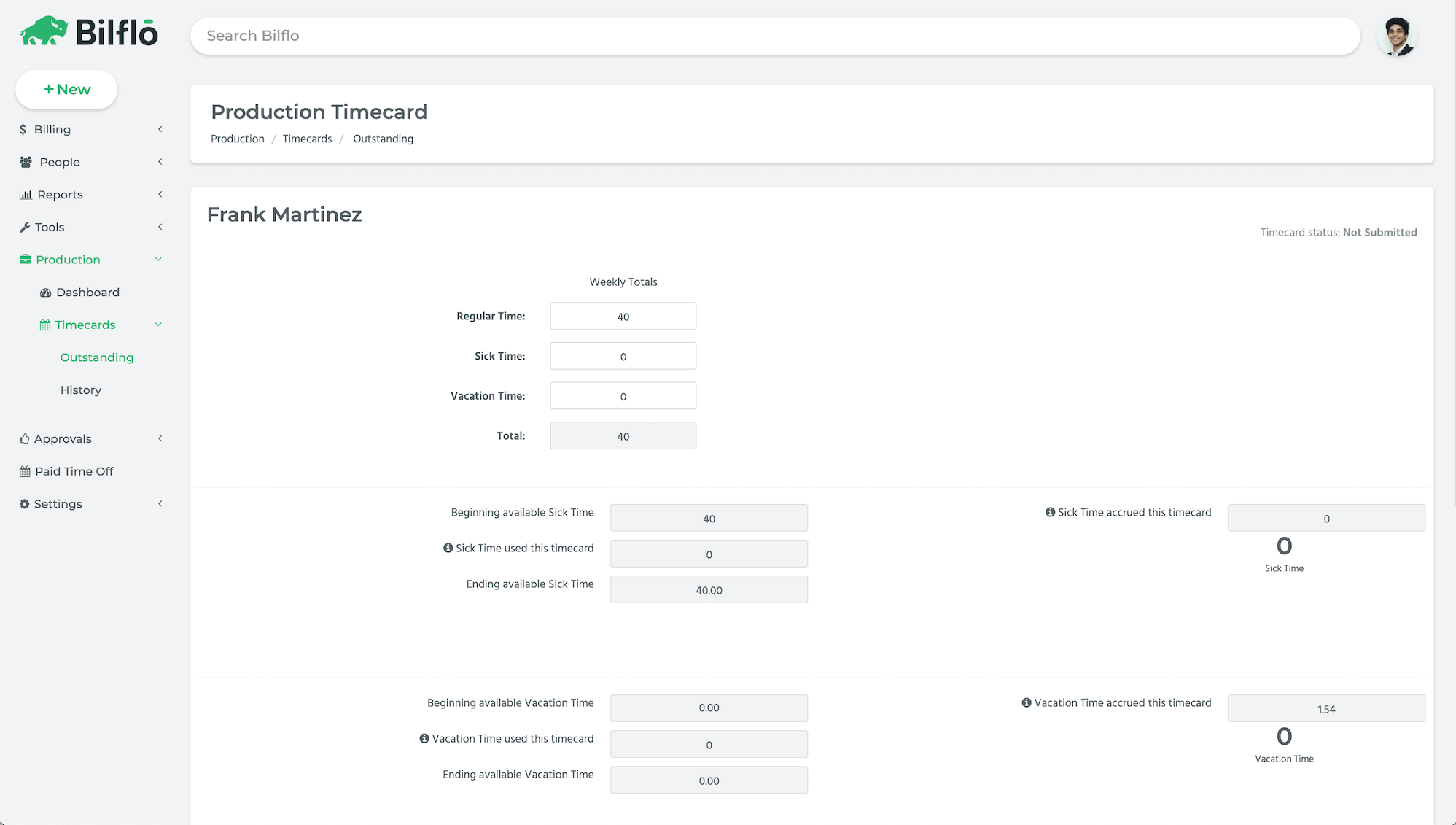 Bilflo weekly timecard on a desktop