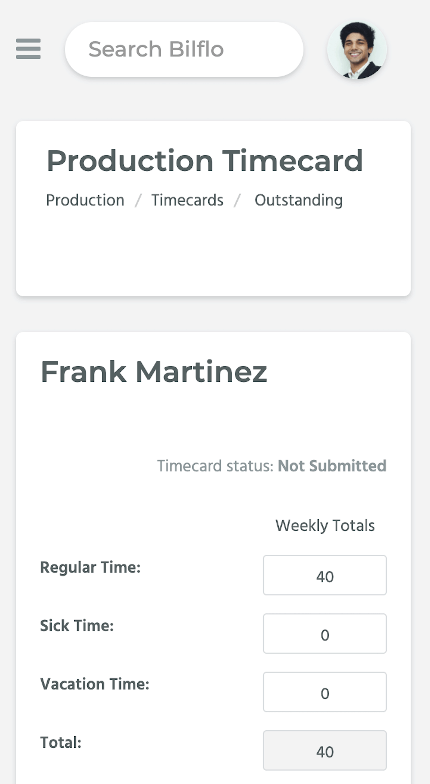 Bilflo weekly timecard on a mobile device